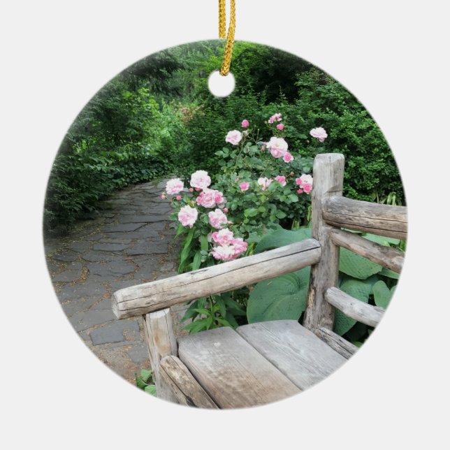 Shakespeare Garden Bench Roses Central Park NYC Ceramic Ornament (Front)