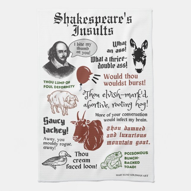 Shakespeare Insults Funny Bookish Theatre Fan Kitchen Towel (Vertical)