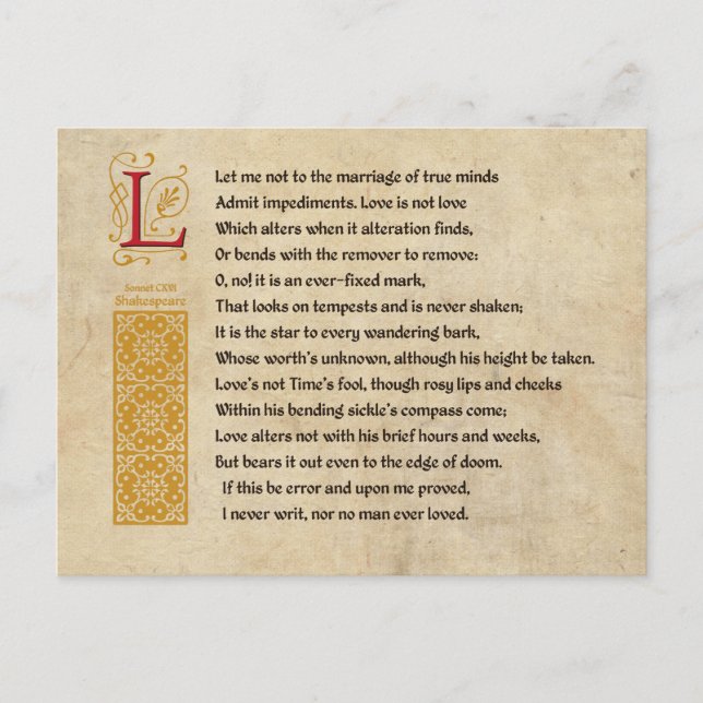 Shakespeare Sonnet 116 (CXVI) on Parchment Postcard (Front)