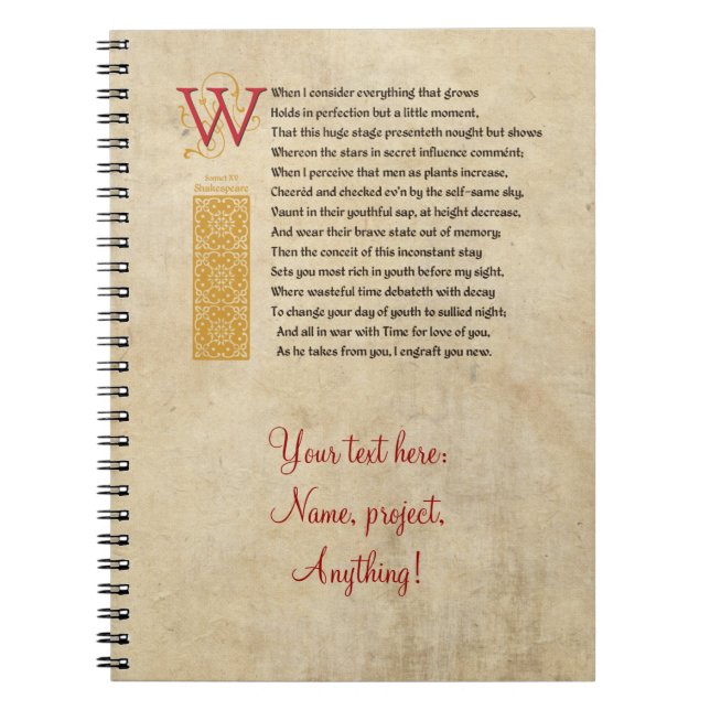 Shakespeare Sonnet 15 (XV) on Parchment Notebook (Front)