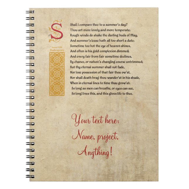 Shakespeare Sonnet 18 (XVIII) on Parchment Notebook (Front)