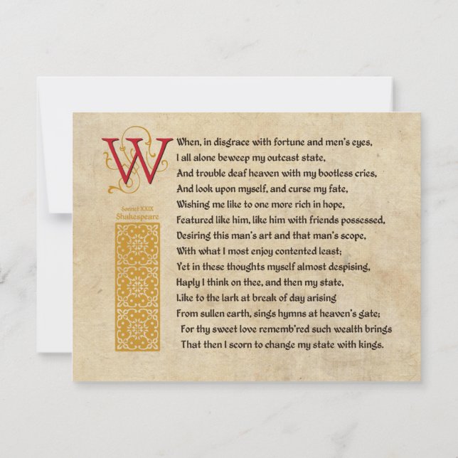 Shakespeare Sonnet 29 (XXIX) on Parchment Invitation (Back)