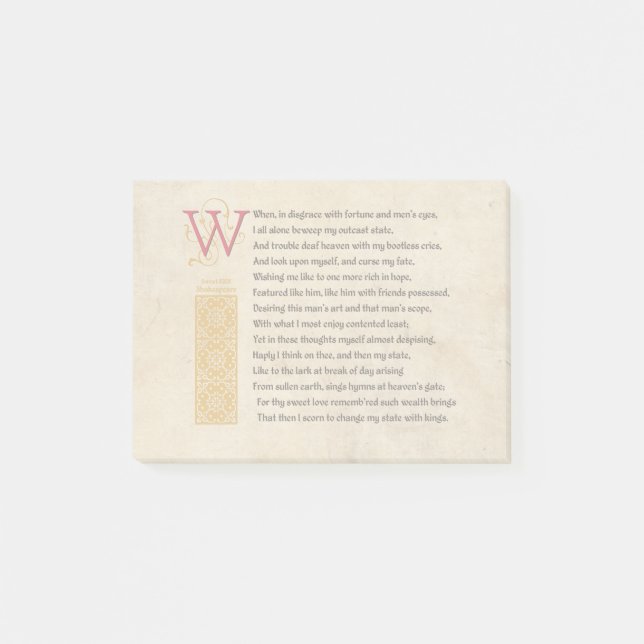 Shakespeare Sonnet 29 (XXIX) on Parchment Post-it Notes (Front)