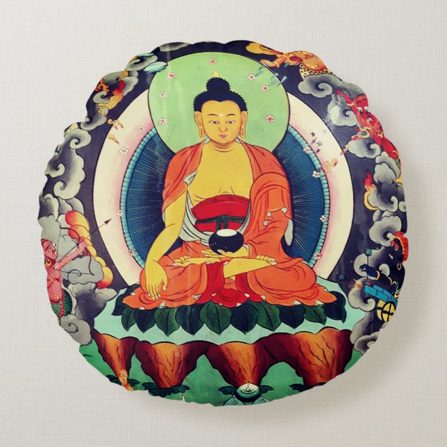 Shakyamuni Buddha painting, Himalayas - Nepal Round Pillow (Front)