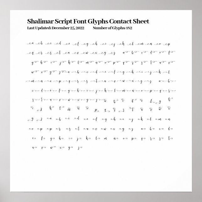 Shalimar Script Font Glyphs Contact Sheet Poster (Front)