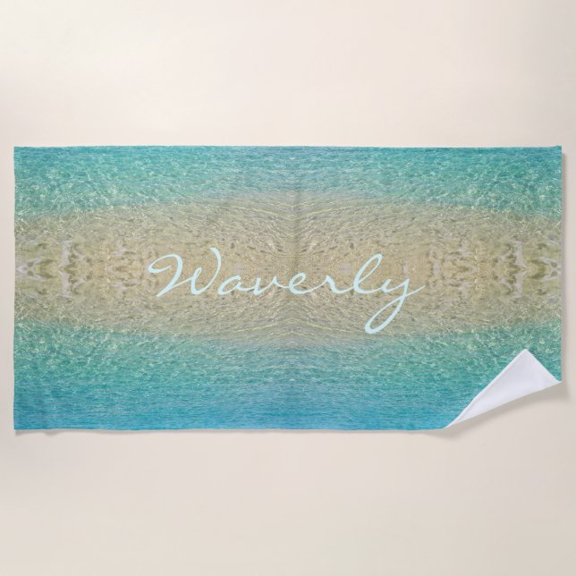 Shallow Water Personalized Turquoise & Sand Beach Towel (Front)