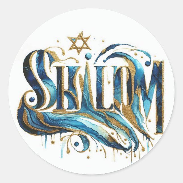 Shalom Blue Gold Abstract Modern Contemporary  Classic Round Sticker (Front)