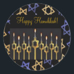 Shalom! Blue & Gold Small Round Sticker<br><div class="desc">Happy Hanukkah! Personalize this custom beautiful sticker available in two sizes. Add graphic impact to your greeting card, Hanukkah card or for a holiday party invitation. Add your own personalized messages. Complete a coordinated elegant set: In our store zazzle.com/celebrationsevents* see matching Invitations, Announcements, Greeting Cards, PostCards, Postage Stamps, Apparel, Gifts...</div>