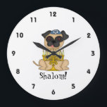 Shalom!-Cute Pug dog with Menorah Large Clock<br><div class="desc">This is a cute little wall clock for your child's room, featuring a sweet little cartoon Pug dog wearing a yarmulke, and a menorah in front of him. Around the edges, are easy to read numbers in black font! Below the dog is the word "Shalom!" You can customize the text...</div>