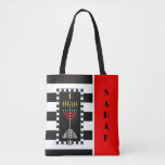 Shalom Menorah Personalized Tote Bag<br><div class="desc">This eye-catchingly sophisticated and personalized tote features a colourful menorah over bold black and white stripes.  Tote back is coordinated and says,  "Shalom" in English and Hebrew.  ~ karyn</div>