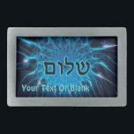 Shalom On Blue Fractal Belt Buckle<br><div class="desc">Dark text reading "Shalom" (Hebrew: peace) superimposed on a lighter blue fractal image. Add your own additional text.</div>