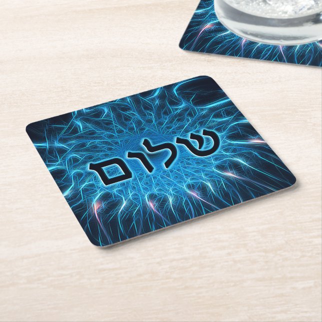 Shalom On Blue Fractal Square Paper Coaster (Angled)