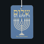 Shalom Peace on Earth Hanukkah Holiday Photo Air Freshener<br><div class="desc">Shalom Peace on Earth Hanukkah Holiday Photo Air Freshener with a silver menorah and gold Hebrew lettering. Easy to customize with text, fonts, and colours. Created by Zazzle pro designer BK Thompson exclusively for Kate’s Creations; please contact us if you need assistance, have questions, or would like to enquire about...</div>