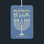 Shalom Peace on Earth Hanukkah Holiday Photo Air Freshener<br><div class="desc">Shalom Peace on Earth Hanukkah Holiday Photo Air Freshener with a silver menorah and gold Hebrew lettering. Easy to customize with text, fonts, and colours. Created by Zazzle pro designer BK Thompson exclusively for Kate’s Creations; please contact us if you need assistance, have questions, or would like to enquire about...</div>