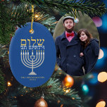 Shalom Peace on Earth Hanukkah Holiday Photo Ceramic Ornament<br><div class="desc">Shalom Peace on Earth Hanukkah Holiday Photo Ornament - the perfect complement for your interfaith family! Festive Hanukkah blue with an elegant silver menorah and gold Hebrew Shalom - Peace on Earth! Easy to customize with text, fonts, and colors. Created by Zazzle pro designer BK Thompson exclusively for Kate’s Creations;...</div>