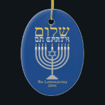 Shalom Peace on Earth Hanukkah Holiday Photo Ceramic Ornament<br><div class="desc">Shalom Peace on Earth Hanukkah Holiday Photo Ornament - the perfect complement for your interfaith family! Festive Hanukkah blue with an elegant silver menorah and gold Hebrew Shalom - Peace on Earth! Easy to customize with text, fonts, and colours. Created by Zazzle pro designer BK Thompson exclusively for Kate’s Creations;...</div>