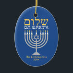 Shalom Peace on Earth Hanukkah Holiday Photo Ceramic Ornament<br><div class="desc">Shalom Peace on Earth Hanukkah Holiday Photo Ornament - the perfect complement for your interfaith family! Festive Hanukkah blue with an elegant silver menorah and gold Hebrew Shalom - Peace on Earth! Easy to customize with text, fonts, and colours. Created by Zazzle pro designer BK Thompson exclusively for Kate’s Creations;...</div>
