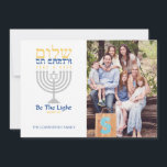 Shalom Peace on Earth Messianic Hanukkah<br><div class="desc">Be the light! Send this card to friends and family this holiday, and warm their spirits with light. Silver menorah with blue and gold text of Shalom (in Hebrew) on Earth. Easy to customize with your name and photo. Easy to customize with text, fonts, and colours. Created by Zazzle pro...</div>
