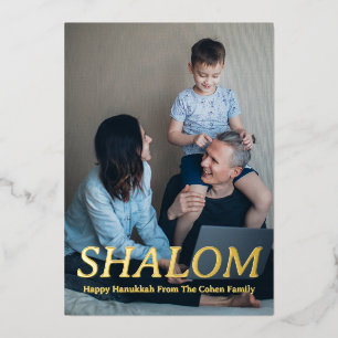 Shalom White Letter Hanukkah family photo Foil Holiday Card