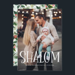 Shalom White Lettering Overlay Photo Hanukkah Holiday Card<br><div class="desc">Happy Hanukkah! Send holiday wishes and greetings to family and friends with this photo holiday flat card. It features 'Shalom' overlay and watrcolor foliage and red berries pattern. Personalize by adding names,  message and photos. This design is available as a flat card,  folded card and postcard.</div>