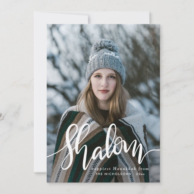 Shalom White Script Photo Overlay Hanukkah Holiday Card (Front)