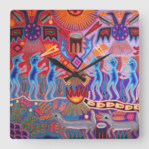Shaman Hunter Sun Ritual Huichol Square Wall Clock