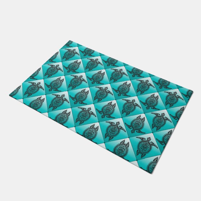 Shamanic Sea Turtles Pattern - cyan Doormat (Angled)