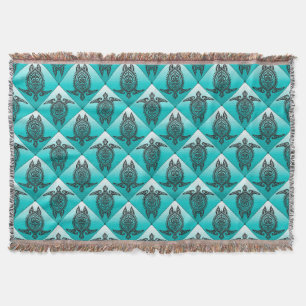 Shamanic Sea Turtles Pattern - cyan Throw Blanket