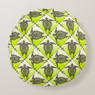 Shamanic Sea Turtles Pattern - green Round Pillow