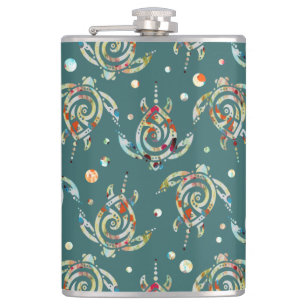 Shamanic Sea Turtles Pattern + your backgr. colour Hip Flask