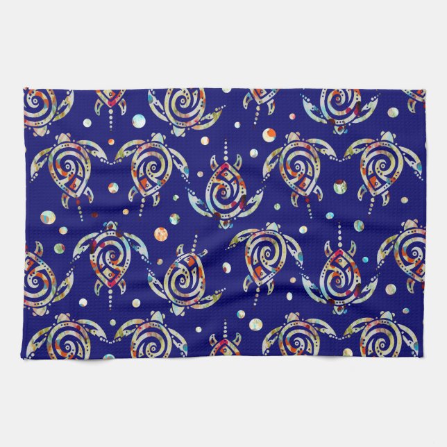 Shamanic Sea Turtles Pattern + your backgr. colour Kitchen Towel (Horizontal)