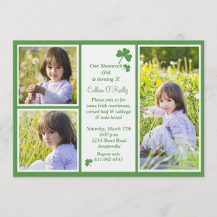 Shamrock 3-Photo Birthday Party Invitation. Invitation
