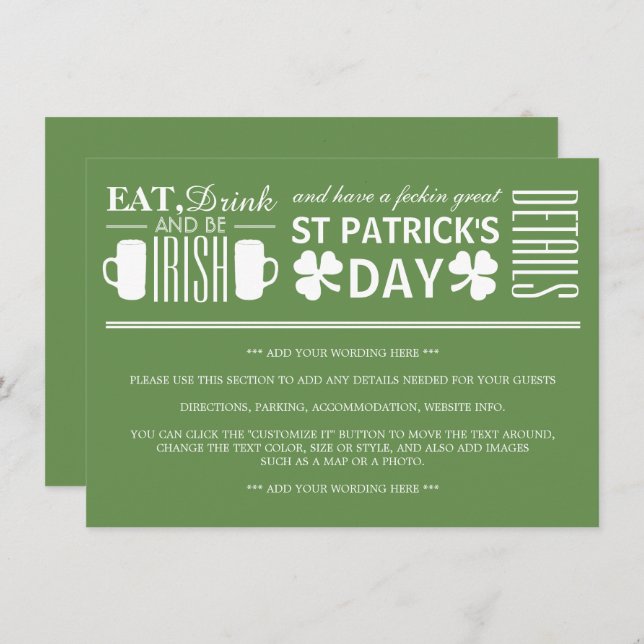 Shamrock and Beer Irish St Patrick's Day Detail Invitation (Front/Back)