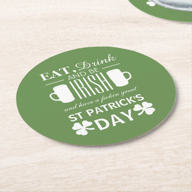 Shamrock and Beer Irish St Patrick's Day Round Paper Coaster (Angled)
