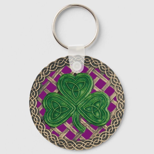 Shamrock And Celtic Knots Keychain Purple (Front)