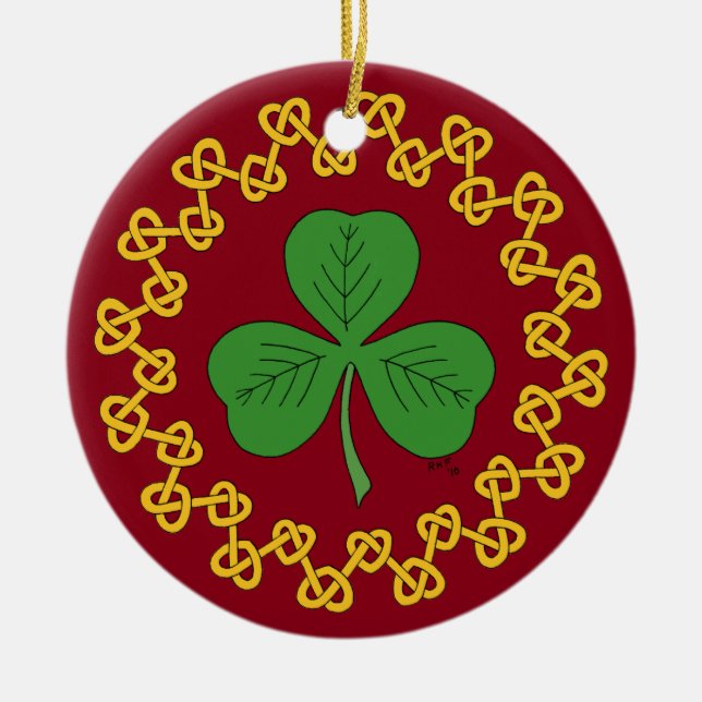Shamrock and Knotwork on Red Ceramic Ornament (Front)