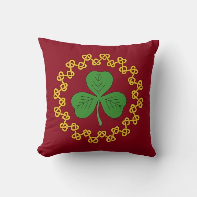 Shamrock and Knotwork on Red Throw Pillow (Front)