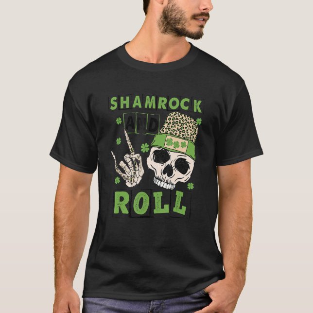 Shamrock and Roll Funny Skeleton Hand Rocker St Pa T-Shirt (Front)