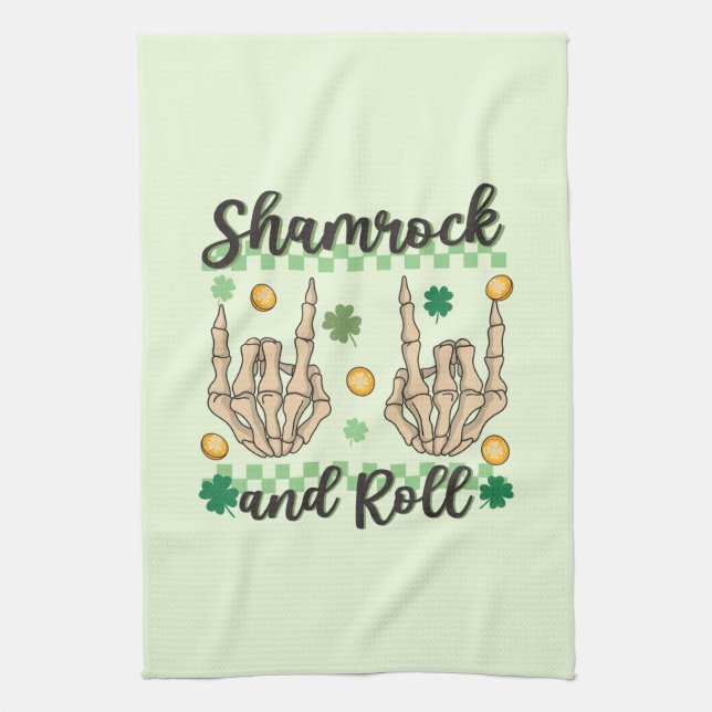Shamrock and Roll Hand Skeleton Kitchen Towel (Vertical)