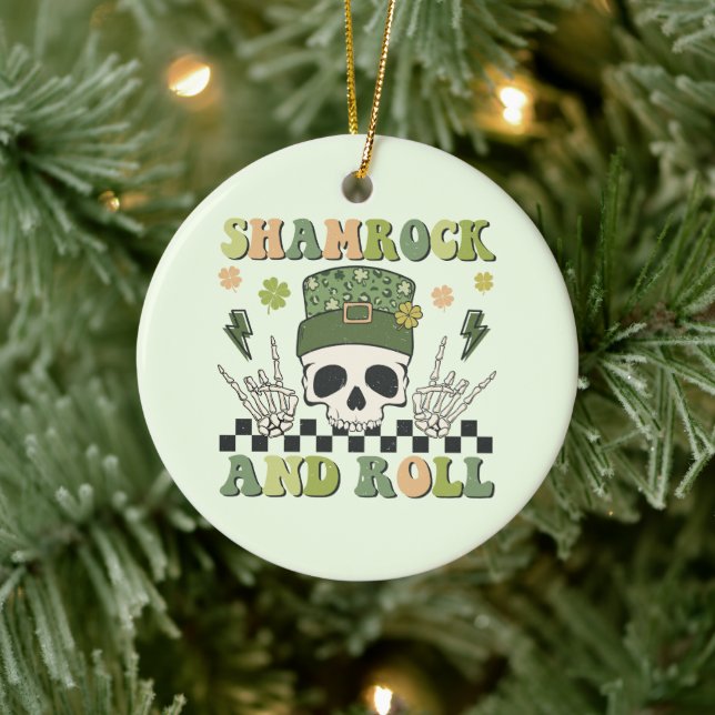 Shamrock and Roll - Skeleton Clover Ceramic Ornament (Tree)