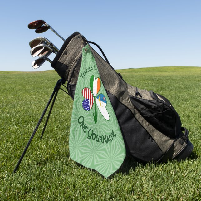 Shamrock Azores Ireland USA Flag Personalized Text Golf Towel (Green)