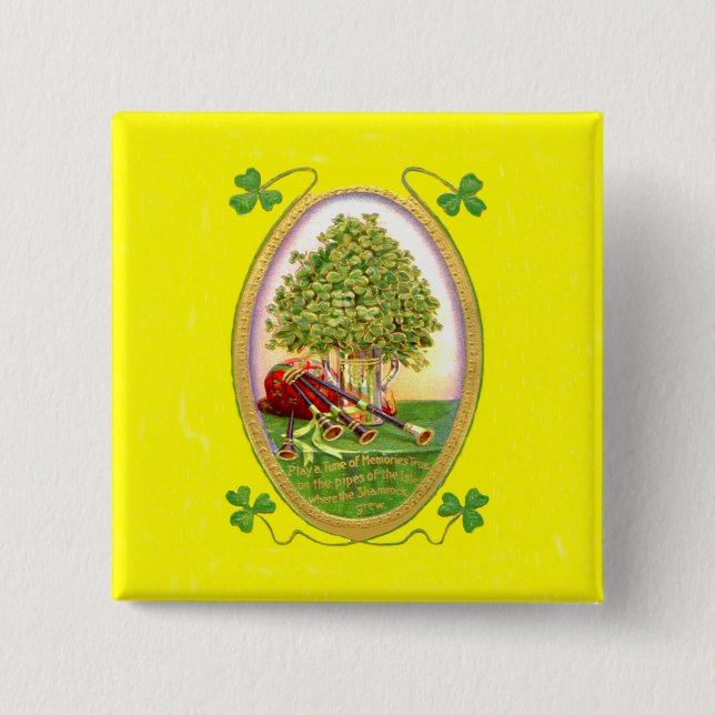 Shamrock Bagpipes Gold Green 2 Inch Square Button (Front)