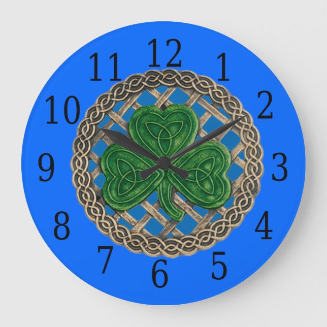 Shamrock Bleu Et Noeuds Celtiques Horloge Ronde (Recto)