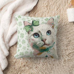 Shamrock Cat with Blue Eyes Throw Pillow
