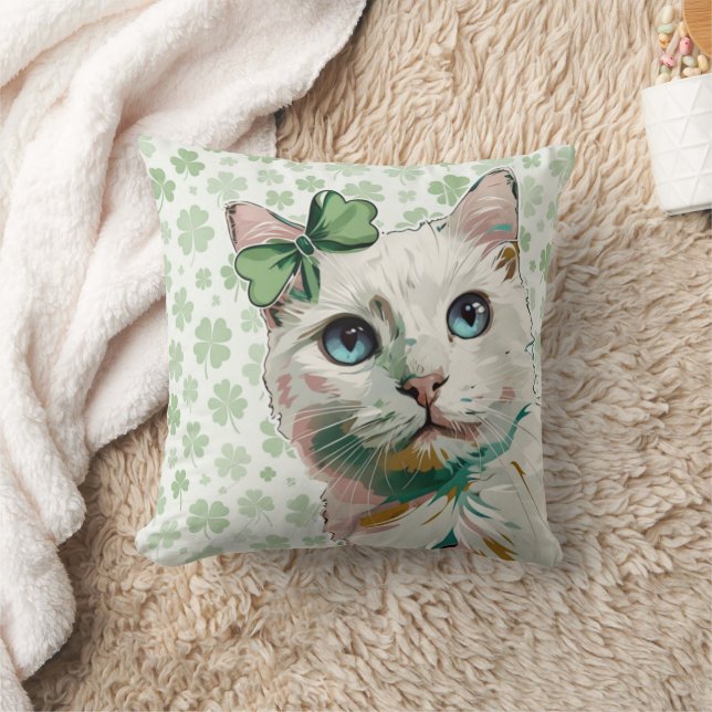 Shamrock Cat with Blue Eyes Throw Pillow (Blanket)