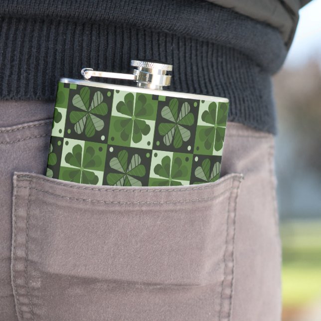Shamrock Chequerboard Pattern Hip Flask (In Situ)