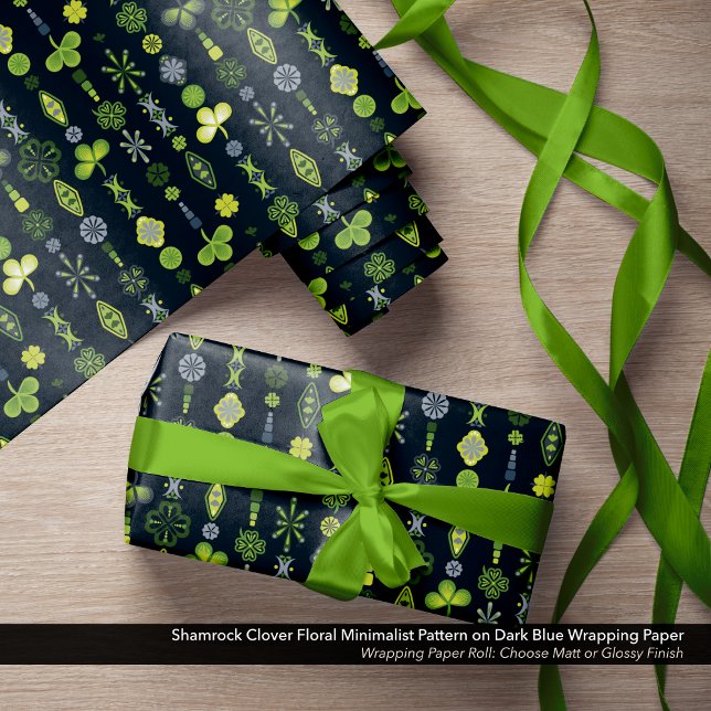 Shamrock Clover Floral Minimalist Pattern Wrapping Paper (Shamrock, Clover, and Floral Minimalist Pattern Dark Blue Wrapping Paper)