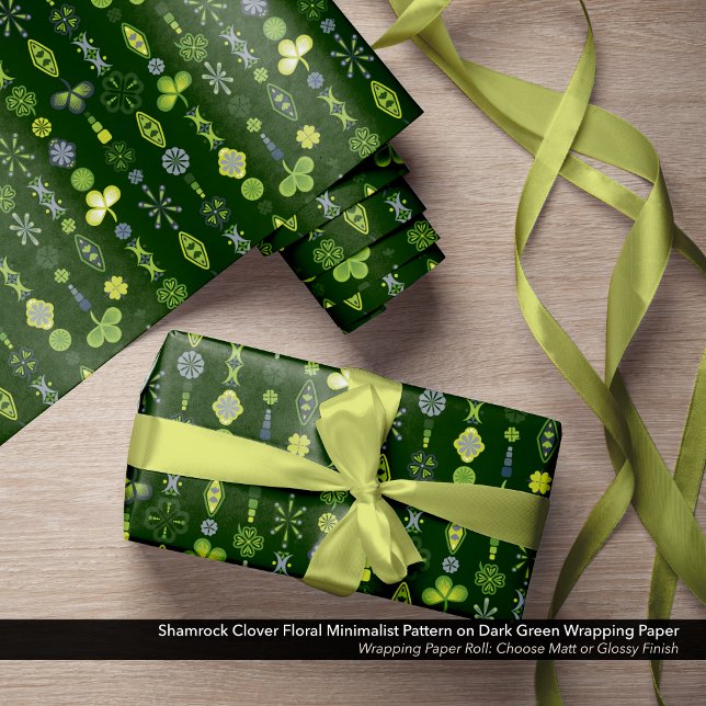 Shamrock Clover Floral Minimalist Pattern Wrapping Paper (Shamrock, Clover, and Floral Minimalist Pattern Dark Green Wrapping Paper)