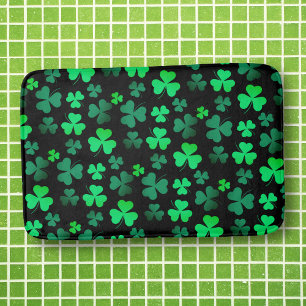 Shamrock Clover Leaf Floral Modern Green and Black Bath Mat