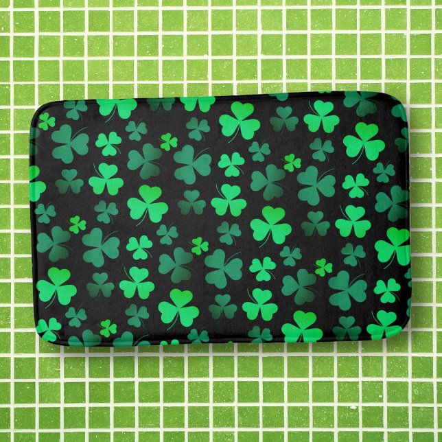 Shamrock Clover Leaf Floral Modern Green and Black Bath Mat (Creator Uploaded)